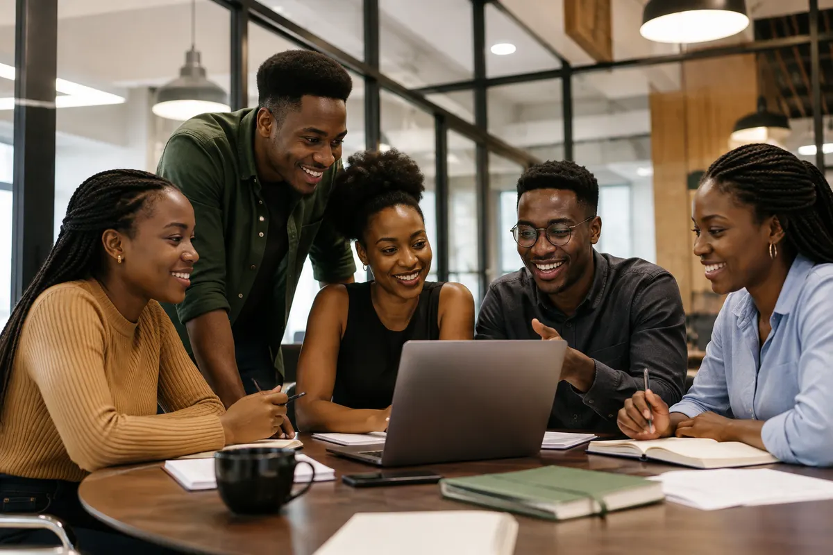 Young people planning next steps together around a laptop